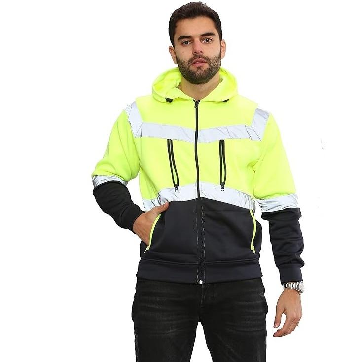 LUXE DIVA Hi Viz Vis High Visibility Jacket 5 Zip 4 Pocket Hoodie Work Zipper Hooded Sweat Shirts.