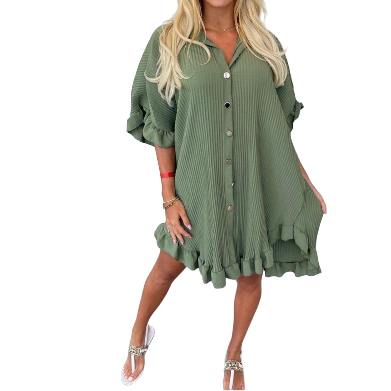 LUXE DIVA Women's Ladies Gold Button Pleated Frill Summer Shirt Swing Smock Mini Dress Top