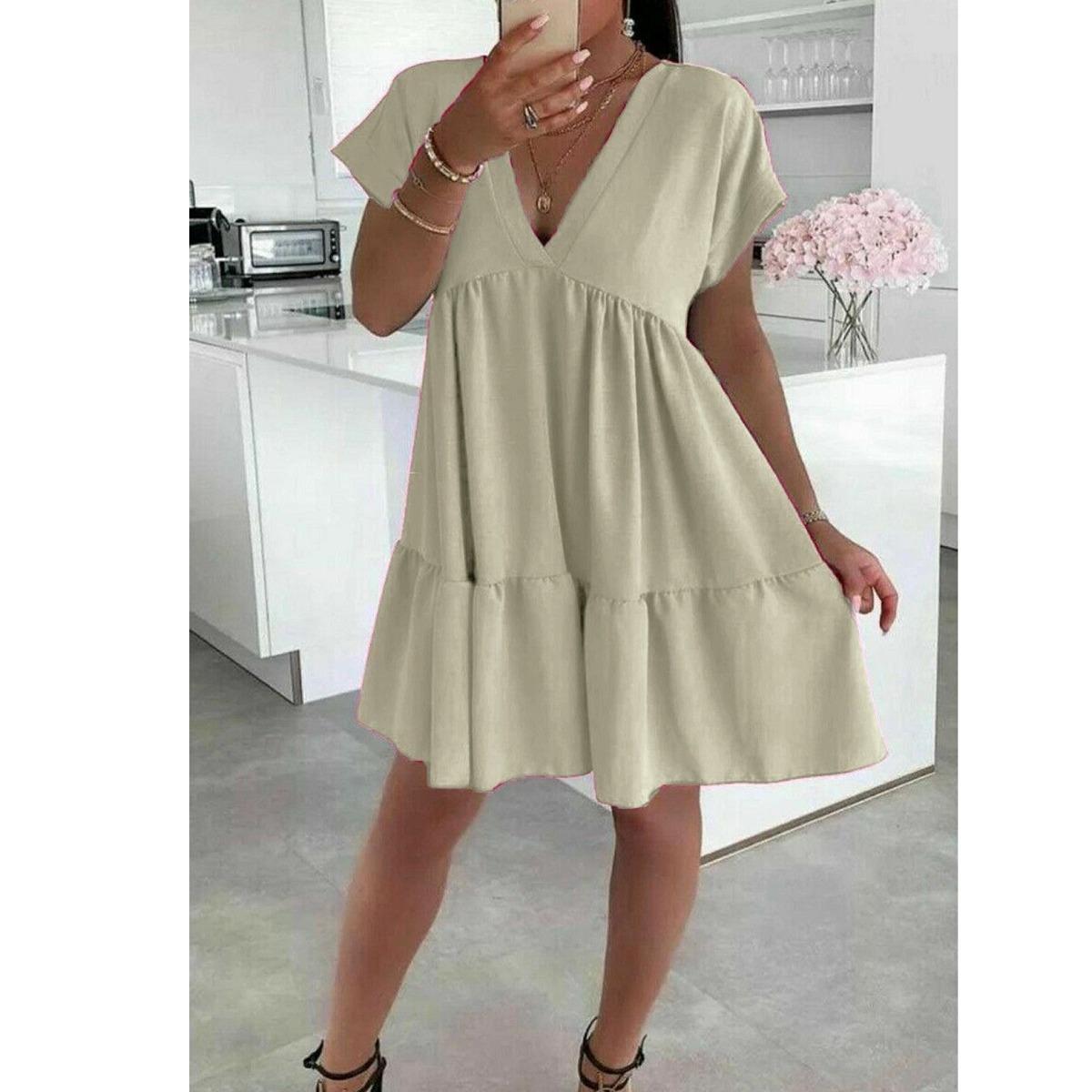 Women's V-Neck Frill Layered Pleated Summer Beach Smock Swing Mini Dress Top New Casual Fabric Short Womenswear Ladies Underwear Lady Casual Wear