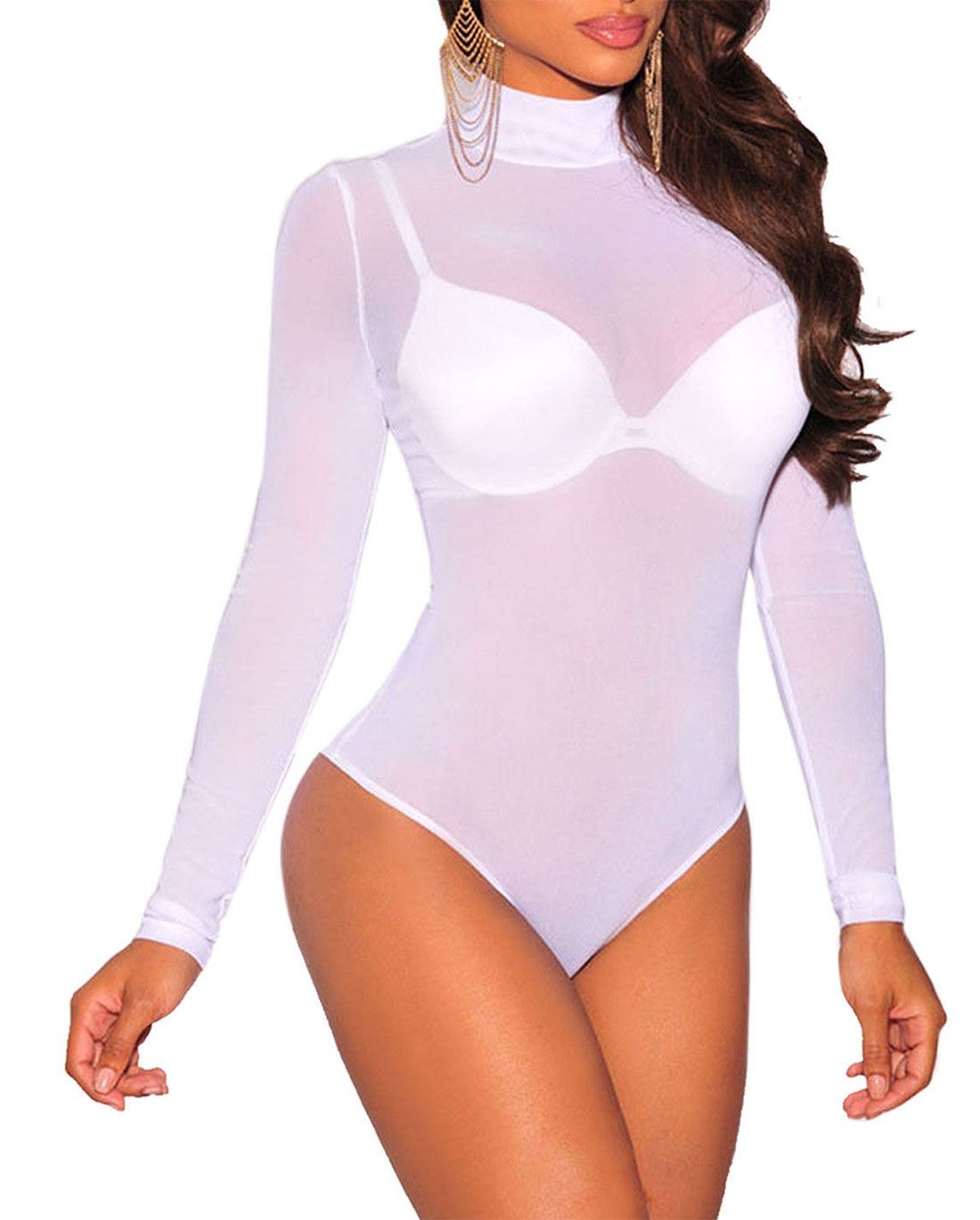 Women's Turtle Neck Mesh Sheer Long Sleeve Leotard Top Ladies Bodysuit