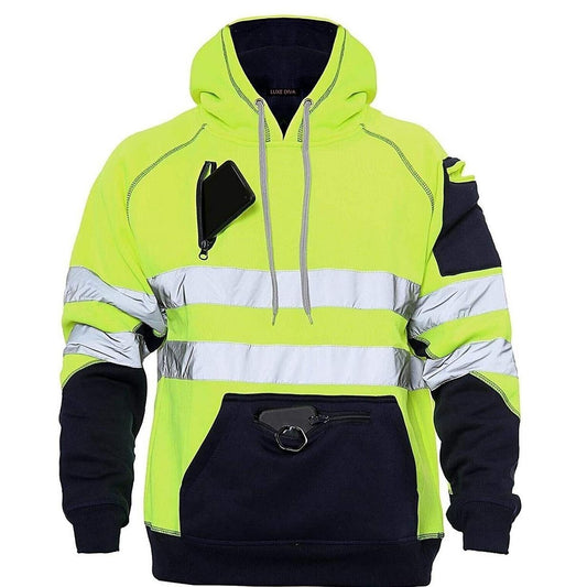 Hi Viz Vis High Visibility Jacket Hoodie Work 3 Zip Hooded SweatShirt Fleece Menswear Clothes Workwear Man Long Sleeve Top Comfy Longsleeves Underwear Uniforms