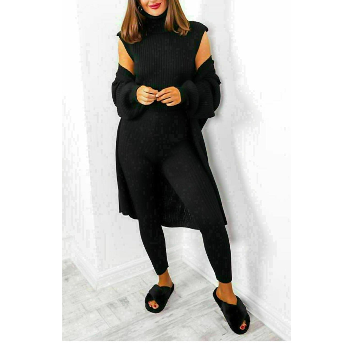 LUXE DIVA Ladies Girls 3 Piece Suit Roll Neck Chunky Knitted Tracksuit Rib Lounge Wear Set