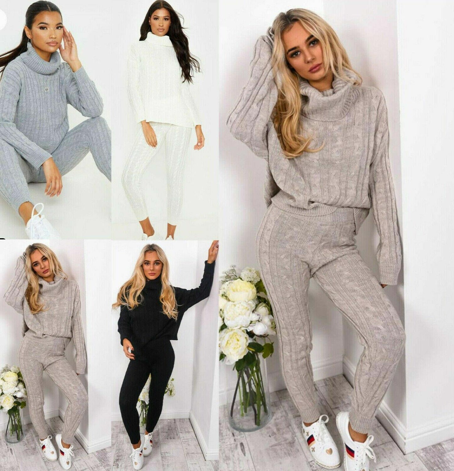 Ladies Women Chunky Cable Knitted Polo High Neck Top Legging Loungewear Suit Set