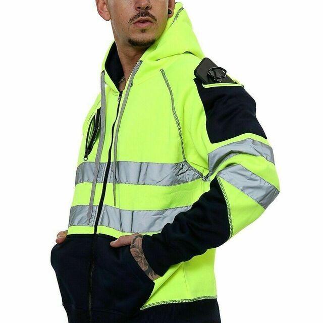 LUXE DIVA Hi Viz Vis High Visibility Jacket 3 Zip 4 Pocket Hoodie Work Zipper Hooded Sweat Shirts