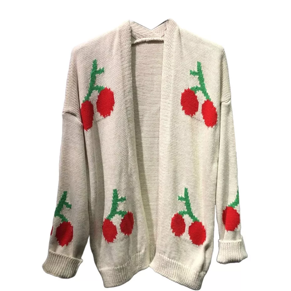 LUXE DIVA Womens Long Sleeve Cherries Print Open Front Knitted Jumper Cardigan 8-14