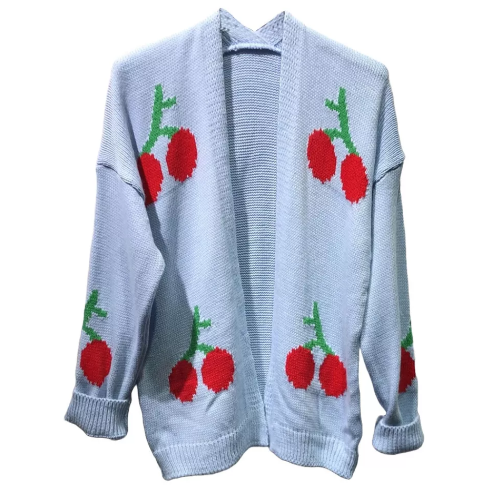 LUXE DIVA Womens Long Sleeve Cherries Print Open Front Knitted Jumper Cardigan 8-14