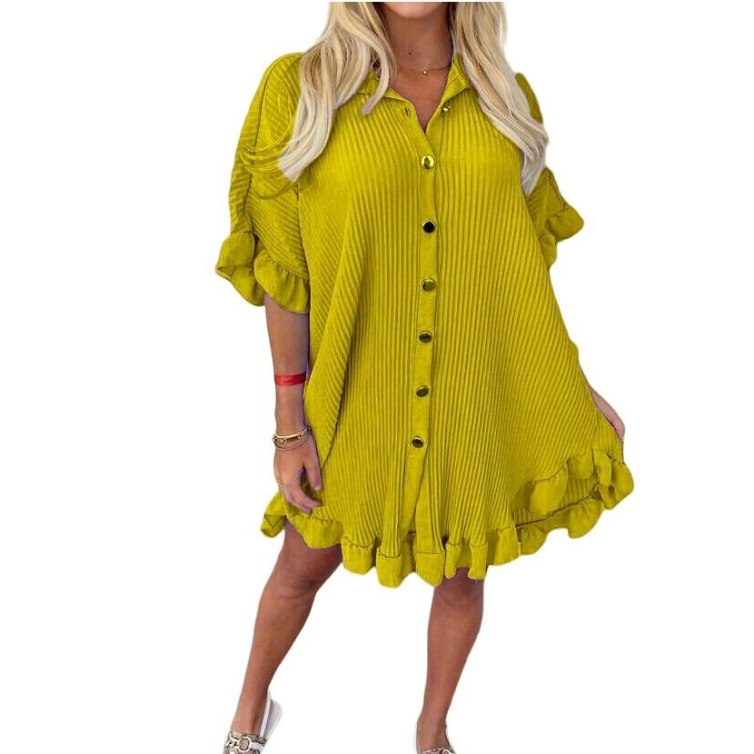 LUXE DIVA Women's Ladies Gold Button Pleated Frill Summer Shirt Swing Smock Mini Dress Top