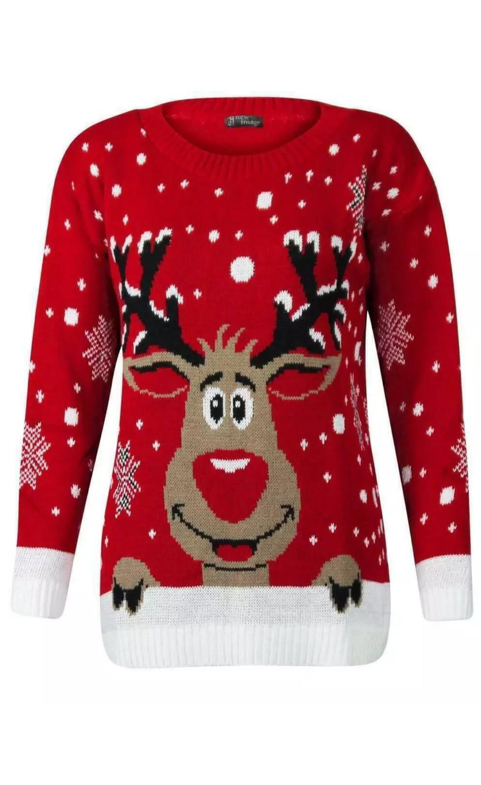 LUXE DIVA Women's Knitted Rudolph on wall Xmas Snowflake Ladies kids Reindeer Pom Jumpers