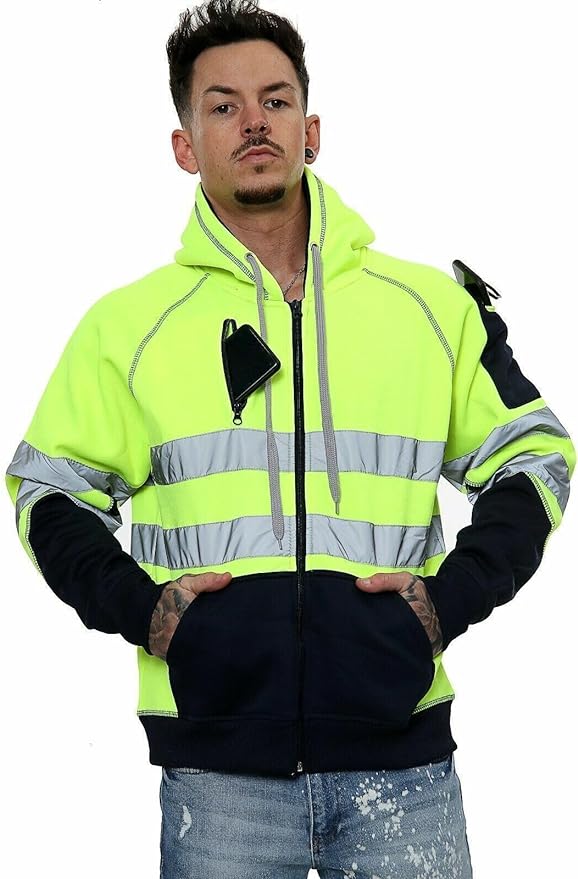 Hi Vis Hoodie - Hi Viz Sweatshirt Safety Work Reflective Jumper Hoodie Tape Band Work Warm Security High Visibility Sweatshirt 3 Zipped Pocket Pullover Hooded Top Plus Size Small - 5XL