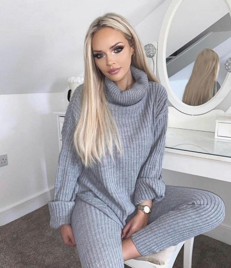 Ladies chunky knitted Ribbed polo high neck top leggings loungewear suit set