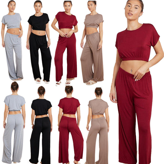 Ladies Plain Crop Top Flared Trouser Loungewear Suit 2PCS Co-ord Tracksuit Set