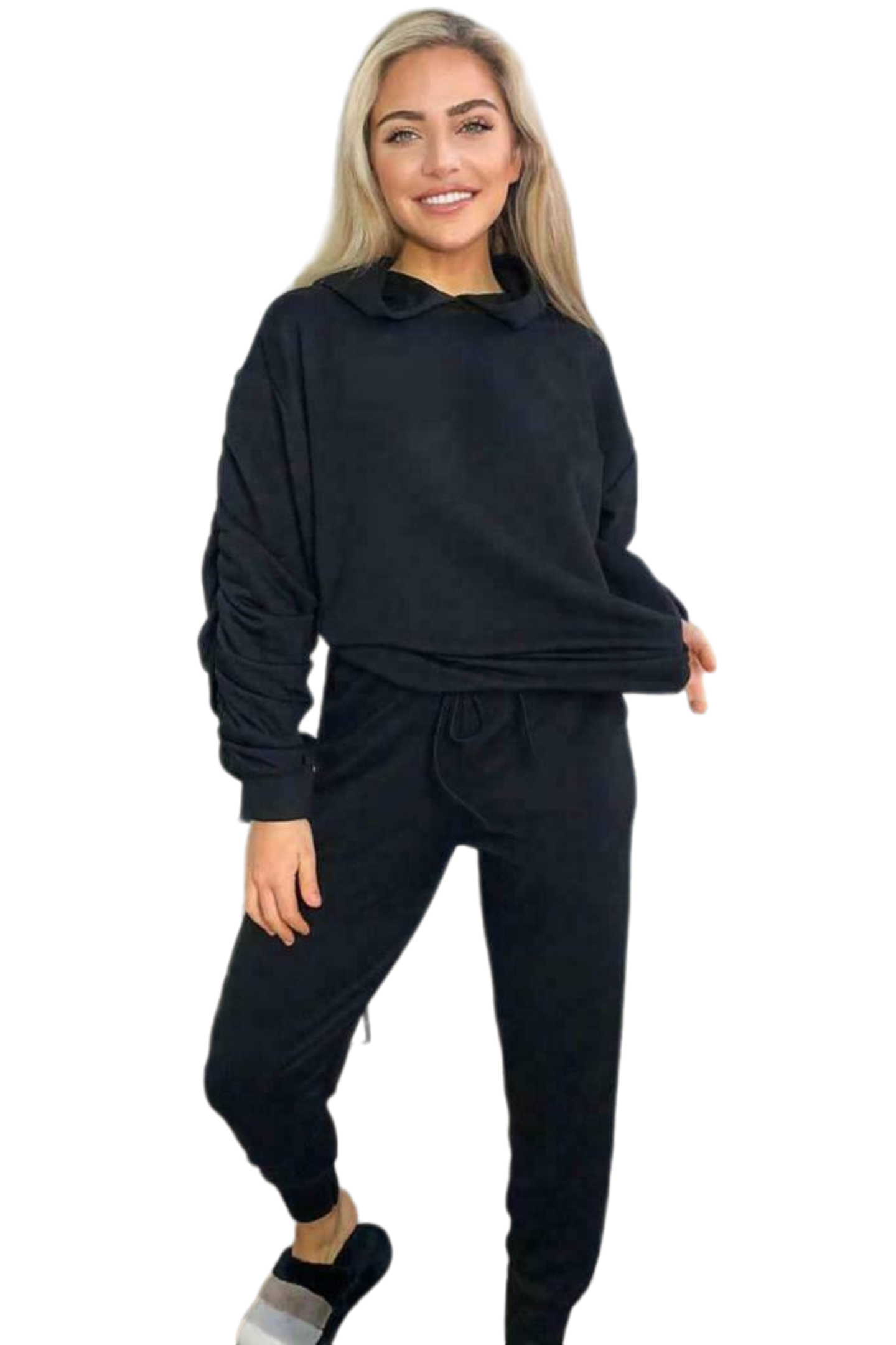 Ladies Ruched Sleeve Hoodie Top And Bottom Suit Lounge Set Tracksuit Sizes 8-22