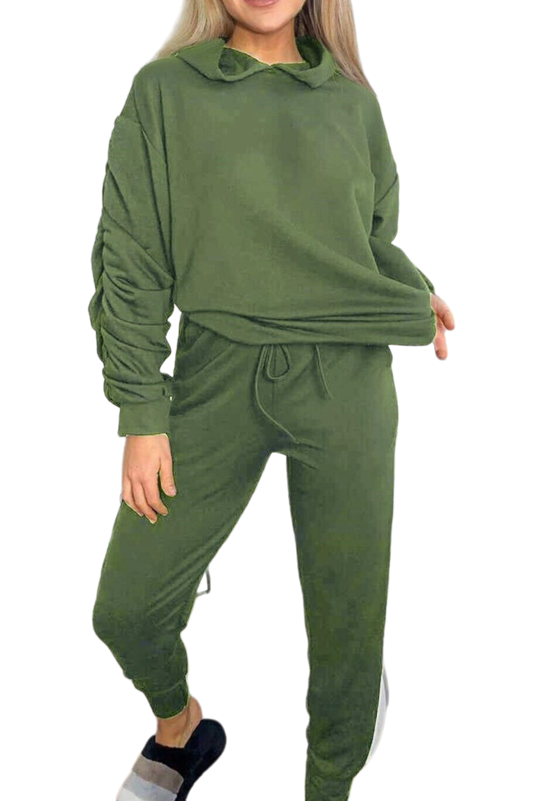 Ladies Ruched Sleeve Hoodie Top And Bottom Suit Lounge Set Tracksuit Sizes 8-22