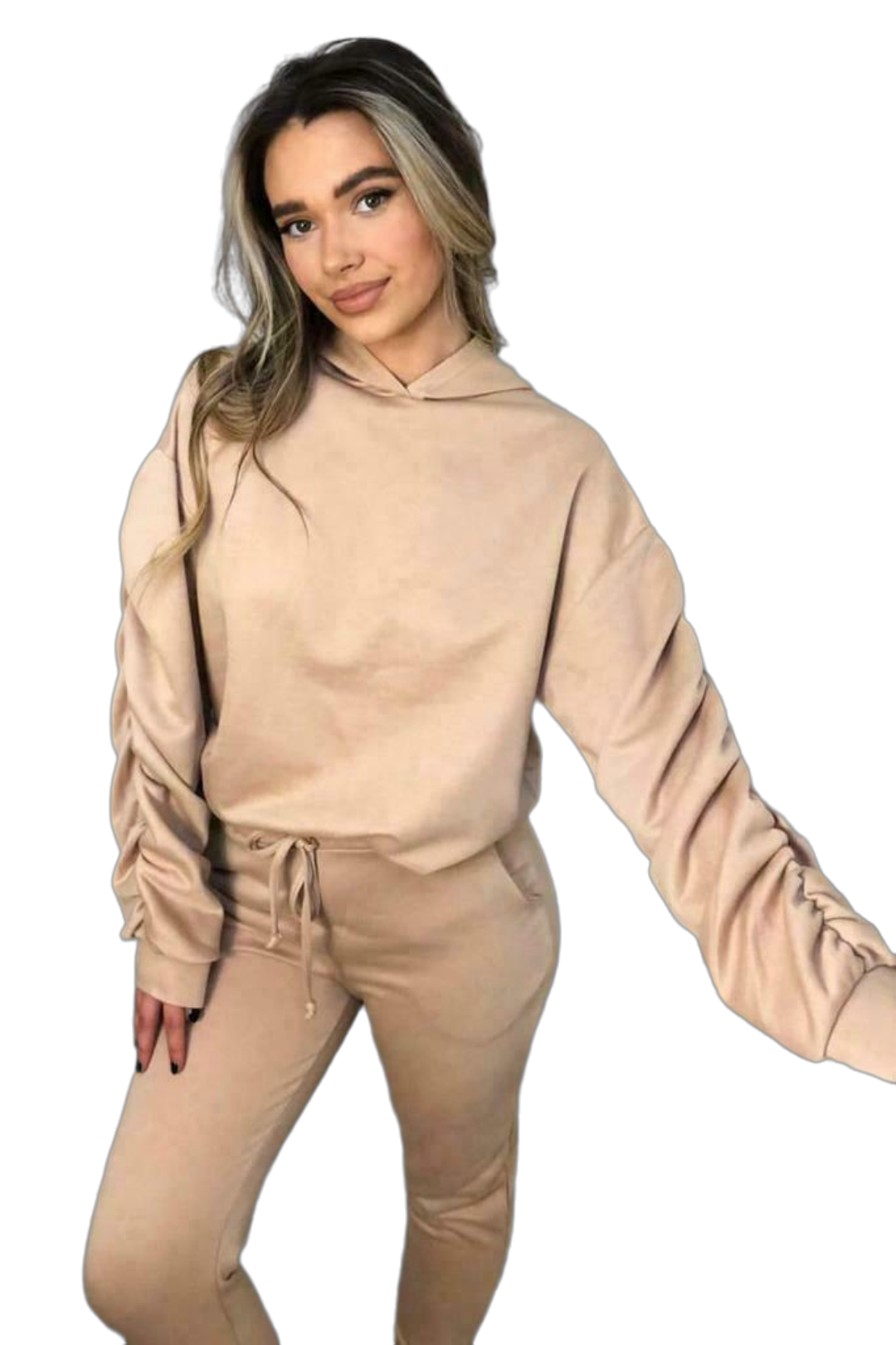 Ladies Ruched Sleeve Hoodie Top And Bottom Suit Lounge Set Tracksuit Sizes 8-22