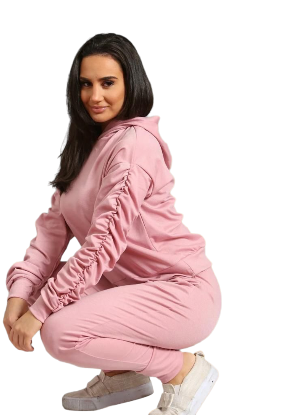 Ladies Ruched Sleeve Hoodie Top And Bottom Suit Lounge Set Tracksuit Sizes 8-22