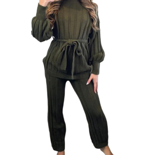 Women High Neck Belted Knitted Two Piece Set Lounge Wear Tracksuits