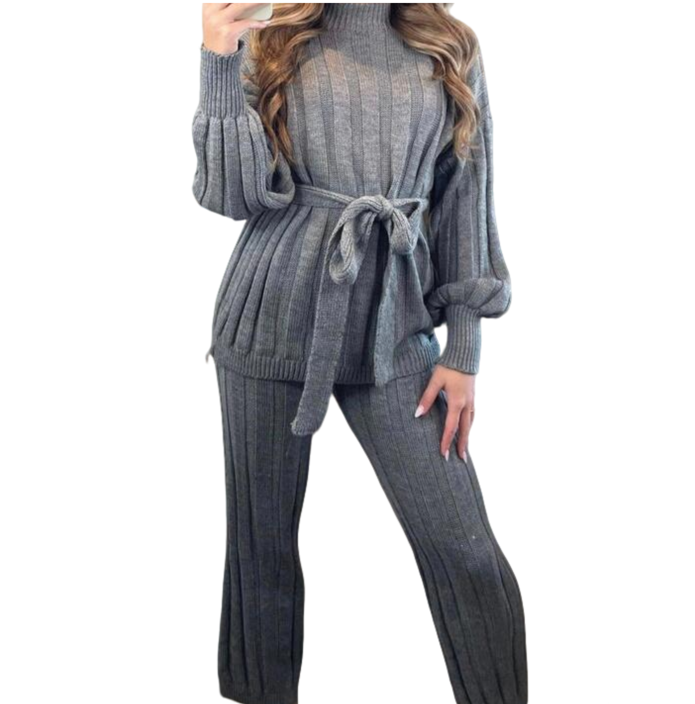 Women High Neck Belted Knitted Two Piece Set Lounge Wear Tracksuits