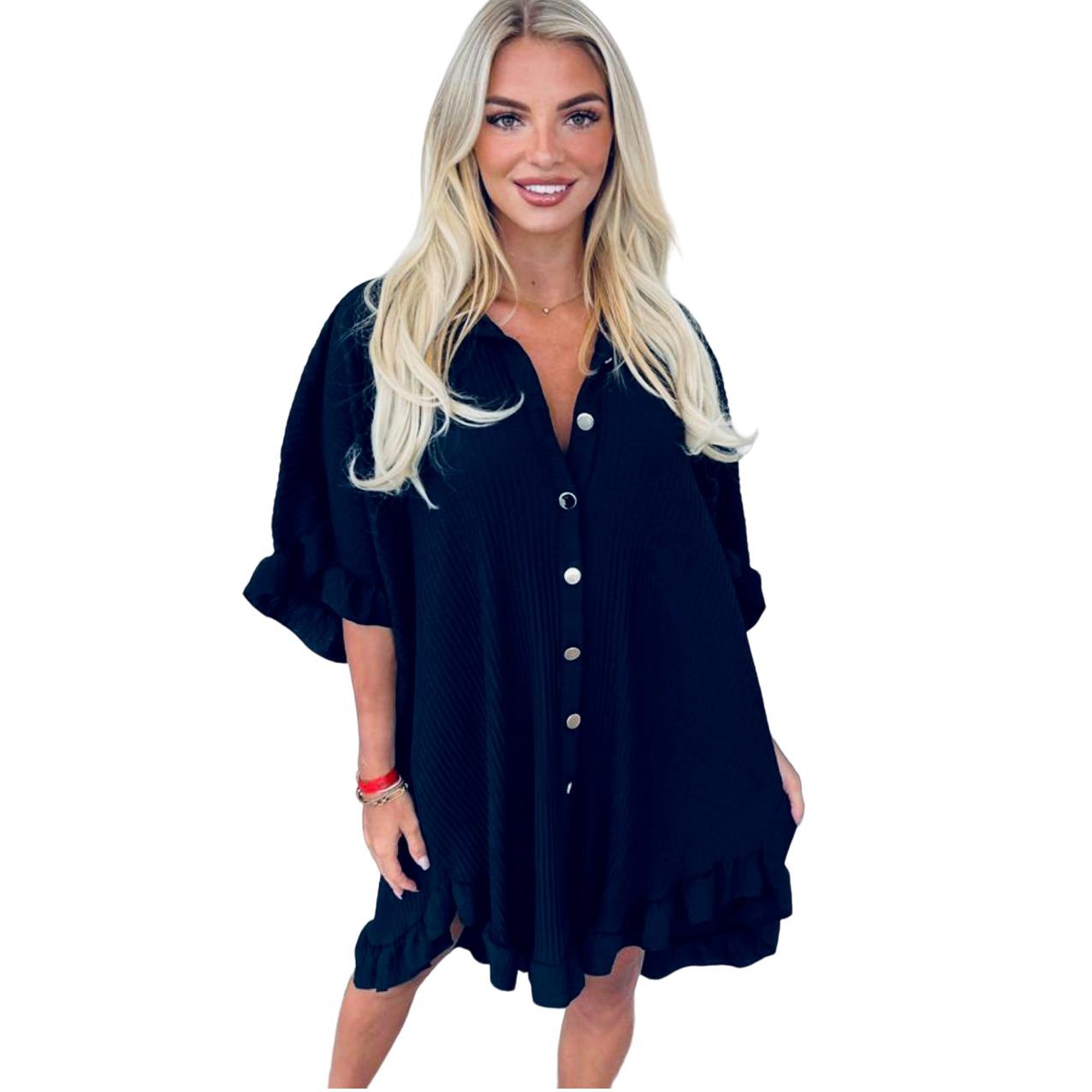 LUXE DIVA Women's Ladies Gold Button Pleated Frill Summer Shirt Swing Smock Mini Dress Top