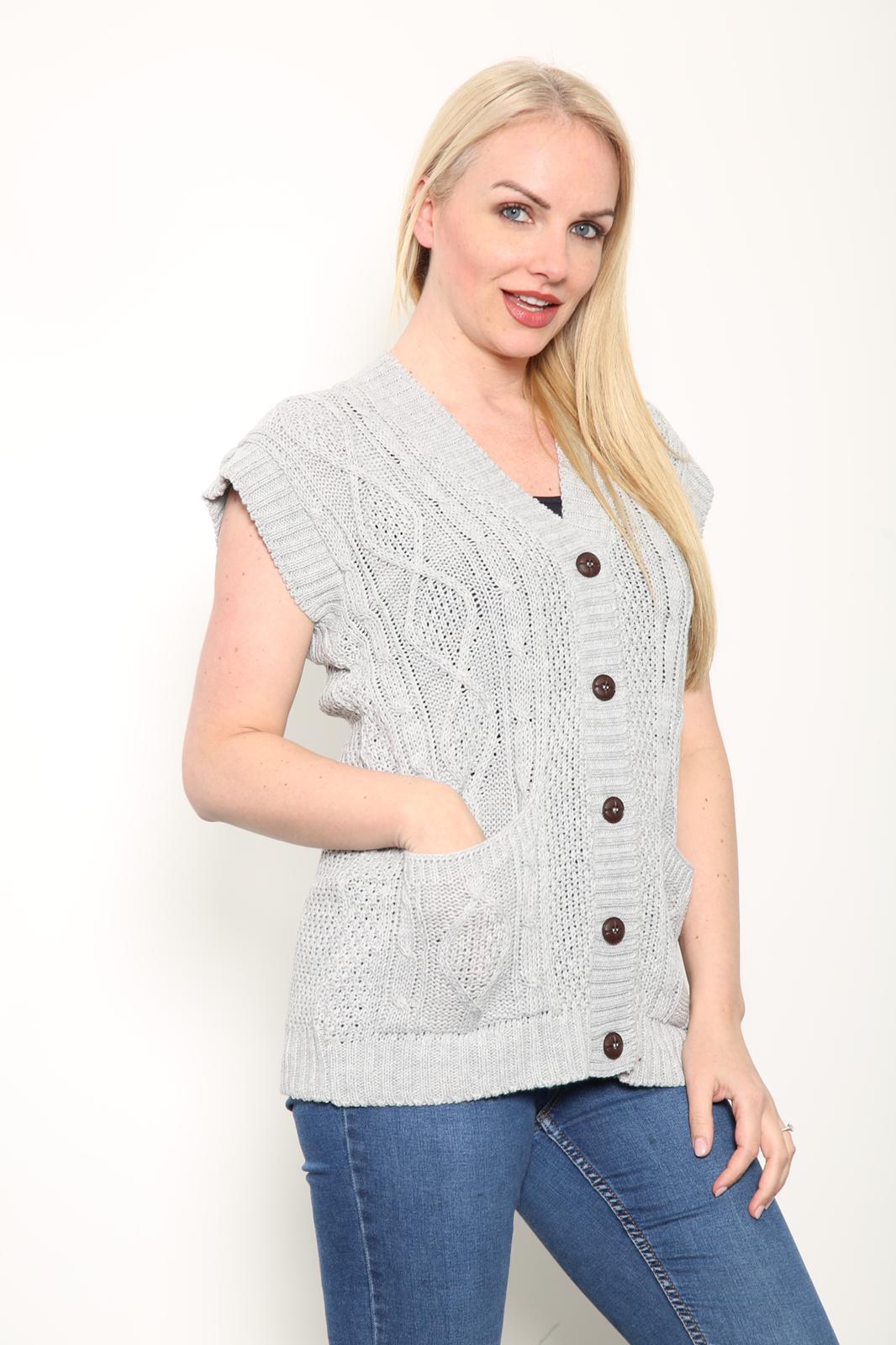 LADIES SLEEVELESS 5 BUTTON WAISTCOAT KNITTED 2 POCKETS V/NECK SELF COLOUR KNITWEAR FRONT PATTERN W/COAT ALL YEAR ROUND WEAR