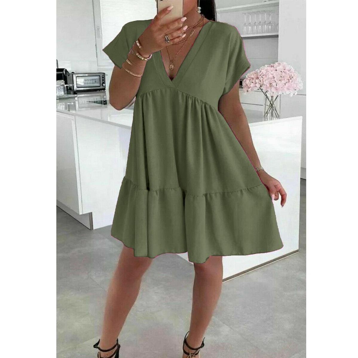 Women's V-Neck Frill Layered Pleated Summer Beach Smock Swing Mini Dress Top New Casual Fabric Short Womenswear Ladies Underwear Lady Casual Wear