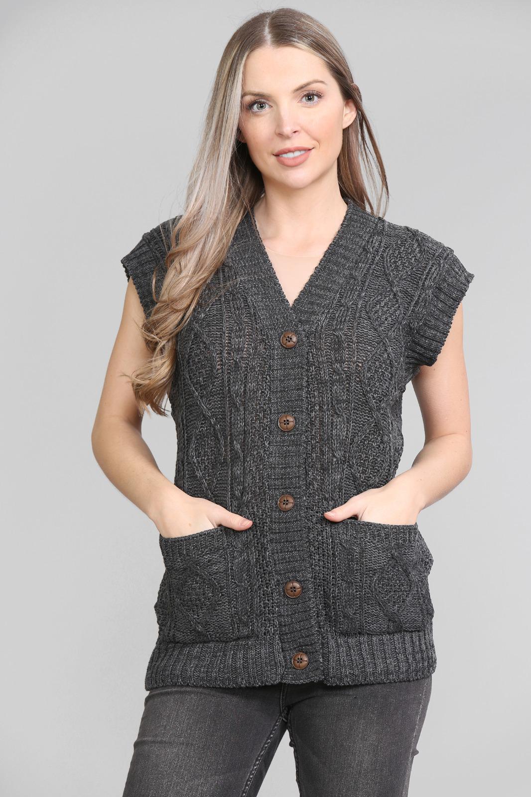 LADIES SLEEVELESS 5 BUTTON WAISTCOAT KNITTED 2 POCKETS V/NECK SELF COLOUR KNITWEAR FRONT PATTERN W/COAT ALL YEAR ROUND WEAR