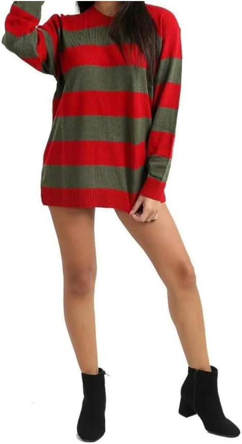 LUXE DIVA Women’s Red Green Stripe Knitted Jumper Ladies Halloween Fancy Dress Sweater Top Girls Long Sleeve Knitted Pullover Winter Sweatshirt