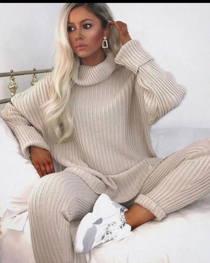 Ladies chunky knitted Ribbed polo high neck top leggings loungewear suit set