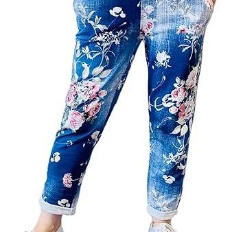 LUXEDIVA  Women’s Ladies Denim Joggers Star Printed Sweatpants Floral Ribbed Waistband Trousers Ladies Casual Summer Drawstring Italian Gym Running Pants Plus Size 8-22