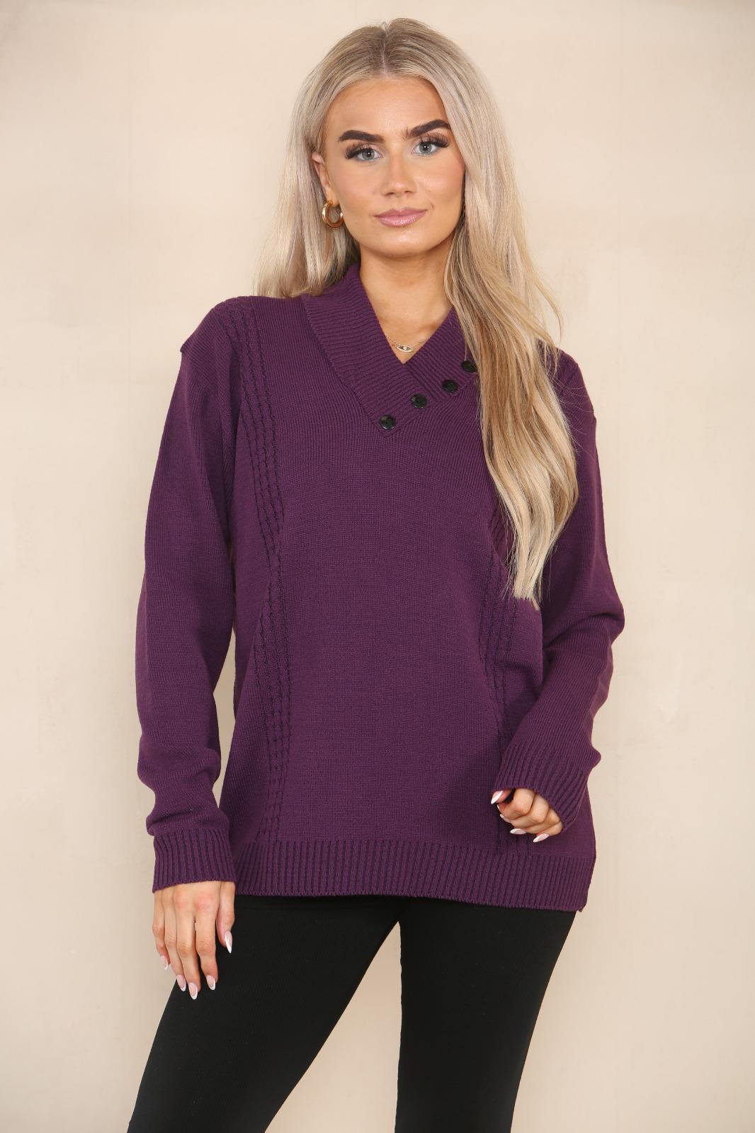 LADIES LONG SLEEVE KNITTED JUMPER VNECK SHAWN COLLAR WITH 4 BUTTONS