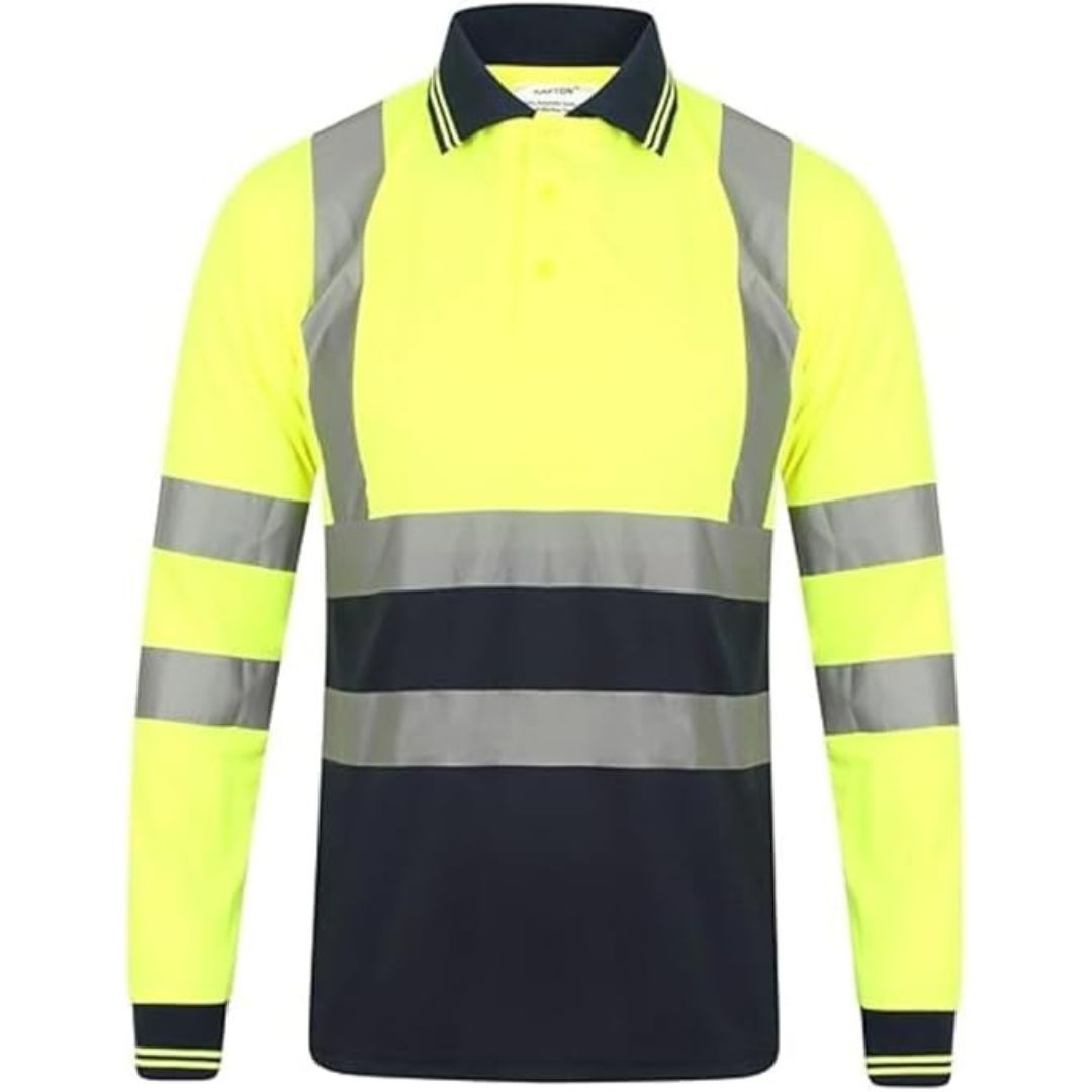 LUXE DIVA Hi Vis Long Sleeve Polo Shirt | High Visibility Reflective Tape Safety Workwear | Lightweight Breathable Hi Viz Security Work Top