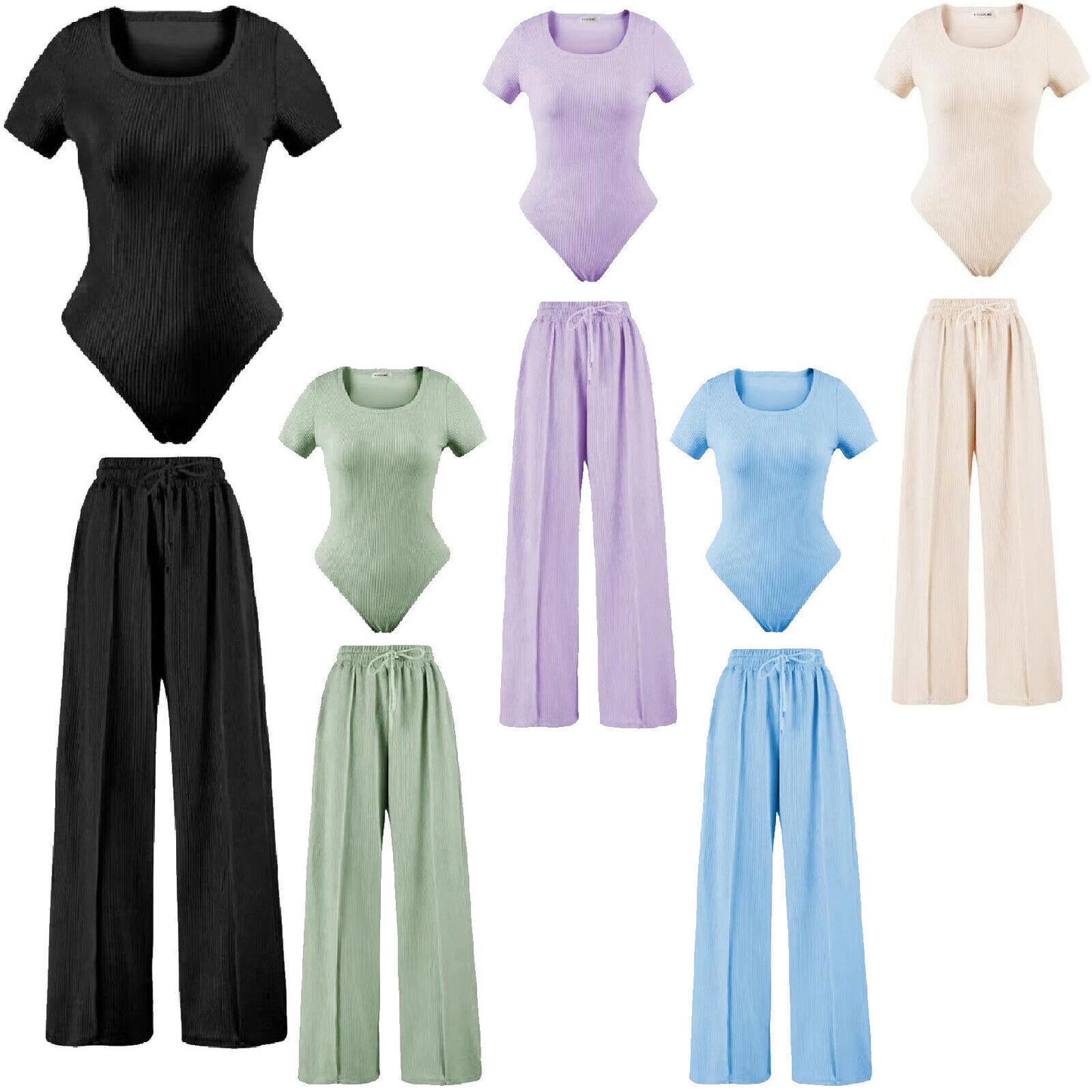 Ladies scoop neck short sleeve bodysuit & elasticated wide leg trouser two piece