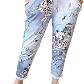 LUXEDIVA  Women’s Ladies Denim Joggers Star Printed Sweatpants Floral Ribbed Waistband Trousers Ladies Casual Summer Drawstring Italian Gym Running Pants Plus Size 8-22