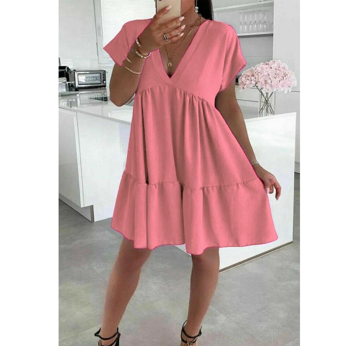 Women's V-Neck Frill Layered Pleated Summer Beach Smock Swing Mini Dress Top New Casual Fabric Short Womenswear Ladies Underwear Lady Casual Wear