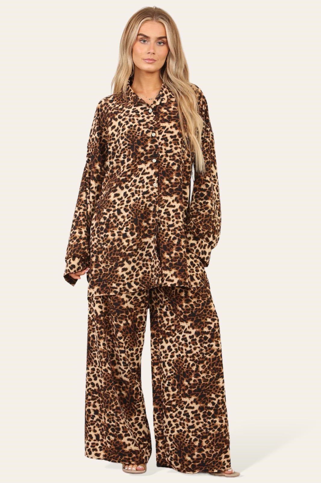 LUXE DIVA LADIES BROWN LEOPARD ITALAIN 2 PIECE SHIRT BLOUSE WITH WIDE LEG PLAZZO TRS SUIT LOUNGE WEAR LOOSE FIT