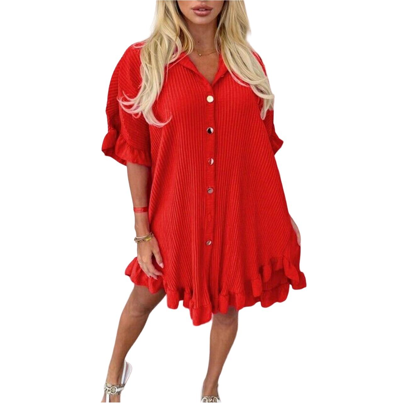 LUXE DIVA Women's Ladies Gold Button Pleated Frill Summer Shirt Swing Smock Mini Dress Top