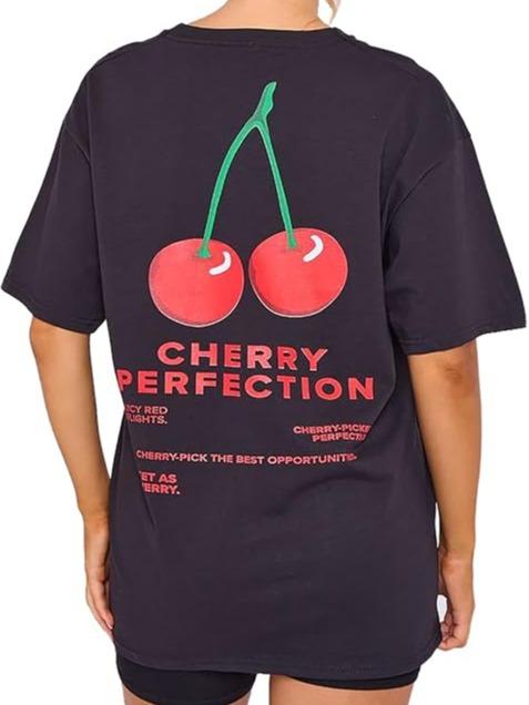 LUXE DIVA Women's Cherry Perfection Printed Oversized Top T-Shirt, Ladies Casual Short Sleeve Baggy Fit Crew Neck Summer Oversized Fruit Slogan Print Tees Shirt UK Plus Size Womenswear Lady Comfort Tshirt Streetwear Crewneck Round Neck