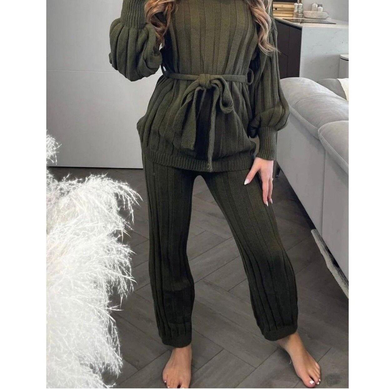 LUXE DIVA Womens Ladies Chunky Knitted High Roll Bottoms Set Loungewear Suit Tracksuit