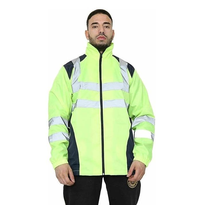 Hi Vis Rain Jacket Mens High Visibility Waterproof Reflective Tape Band Safety Zipper Hooded Top Lightweight Sizes S to 5XL