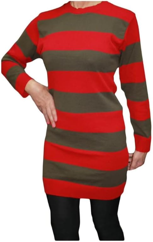 LUXE DIVA Women’s Red Green Stripe Knitted Jumper Ladies Halloween Fancy Dress Sweater Top Girls Long Sleeve Knitted Pullover Winter Sweatshirt