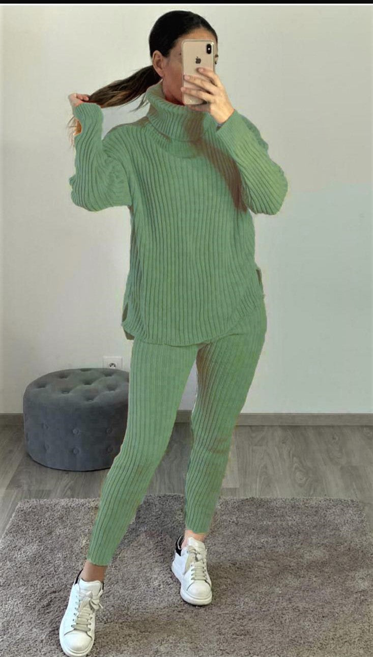 Ladies chunky knitted Ribbed polo high neck top leggings loungewear suit set