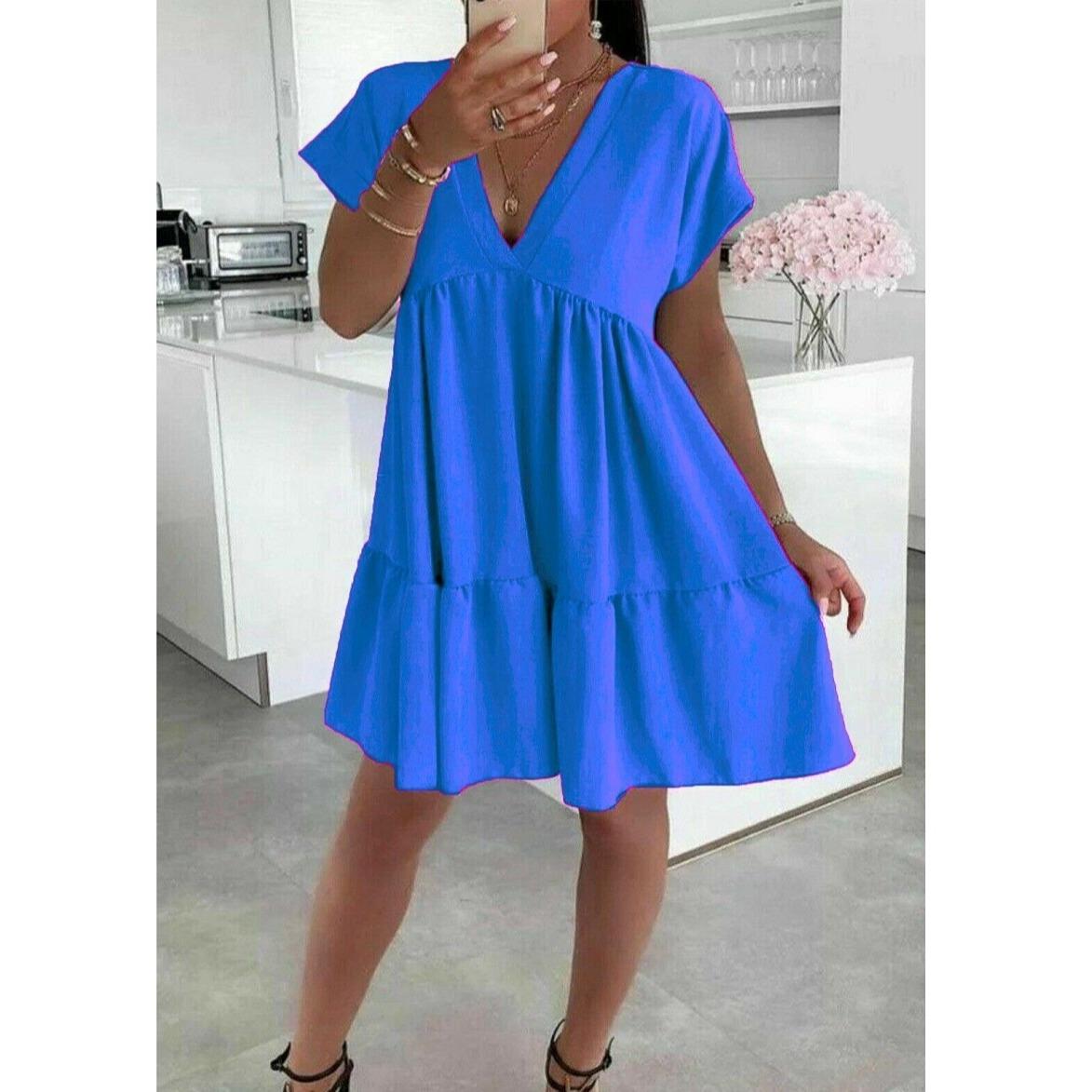 Women's V-Neck Frill Layered Pleated Summer Beach Smock Swing Mini Dress Top New Casual Fabric Short Womenswear Ladies Underwear Lady Casual Wear