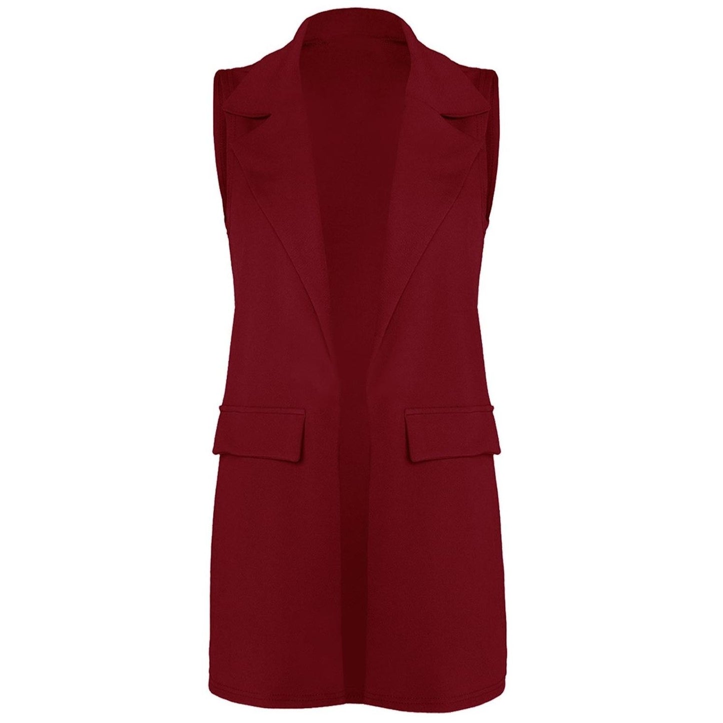 LUXE-DIVA New Womens Sleeveless Crepe Open Long Waistcoat Pocket Top Ladies Jacket 8-14 Collar Fabric Soft Womenswear Original Comfort