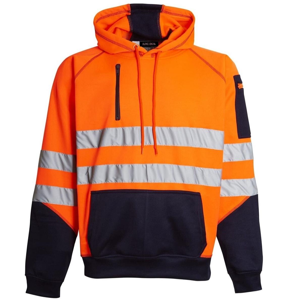 Hi Viz Vis High Visibility Jacket Hoodie Work 3 Zip Hooded SweatShirt Fleece Menswear Clothes Workwear Man Long Sleeve Top Comfy Longsleeves Underwear Uniforms