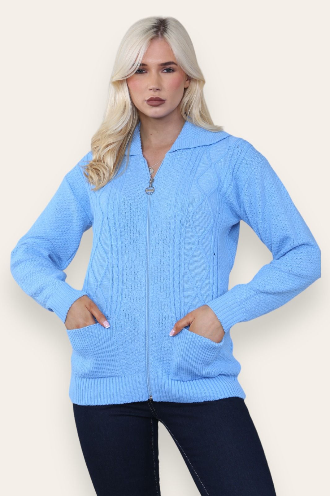 LUXE DIVA Womens Collar Zip Cable Knit Cardigan Ladies Long Sleeve Pullover Pocket Jumper