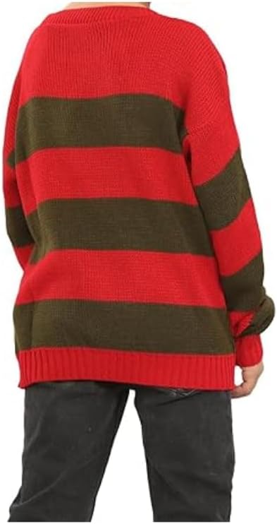 LUXE DIVA Kids Unisex Freddy Halloween Horror Costume Party Red Green Stripe Knitted Sweater - Boys Girl Long Sleeve Pullover Winter Sweatshirt