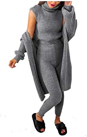 Women's Long Sleeve Knit 3 Piece Roll Neck Chunky Knitted Top Open Cardigan Tracksuit Ladies Ribbed Sleeveless Jumper Elasticated Legging Lounge Wear Set Size 8-14