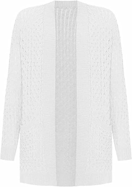 Womens Cable Knitted Open Front Cardigan Long Sleeve Pocketed Sweater Ladies Winter Warm Knitwear Grandad Sizes 8-22