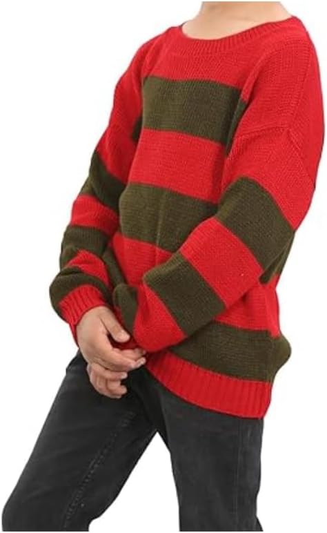 LUXE DIVA Kids Unisex Freddy Halloween Horror Costume Party Red Green Stripe Knitted Sweater - Boys Girl Long Sleeve Pullover Winter Sweatshirt