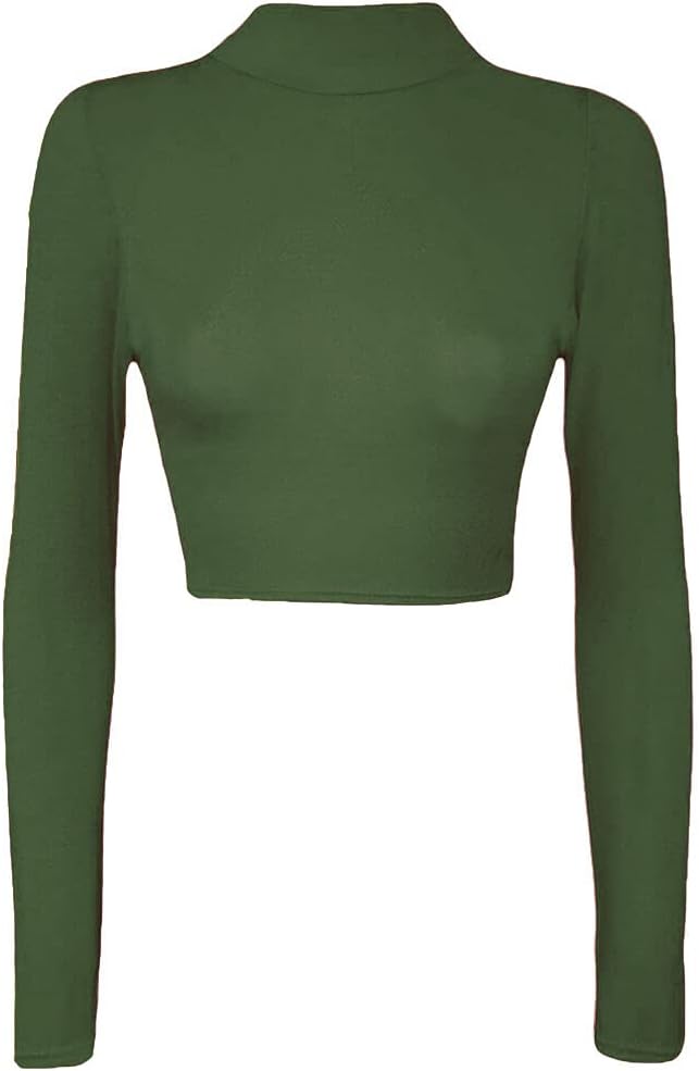 Womens Turtle Neck Crop Ladies Long Sleeve Plain Polo Short Stretch Top Sizes 8-14