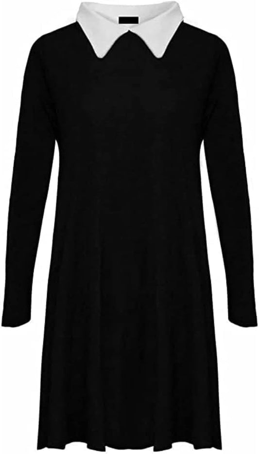 LUXE DIVA  Womens Collar Long Sleeve Plain Ladies Swing Dress Ladies Long Sleeve Peter Pan Collar Flared Festive Halloween Swing Dress Top (UK, Numeric, 16, 18, Regular, Regular, Black)